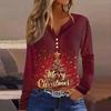 Women's T Shirt Tee Christmas Print Button Long Sleeve Daily Weekend Fashion Basic V- Neck Regular Top