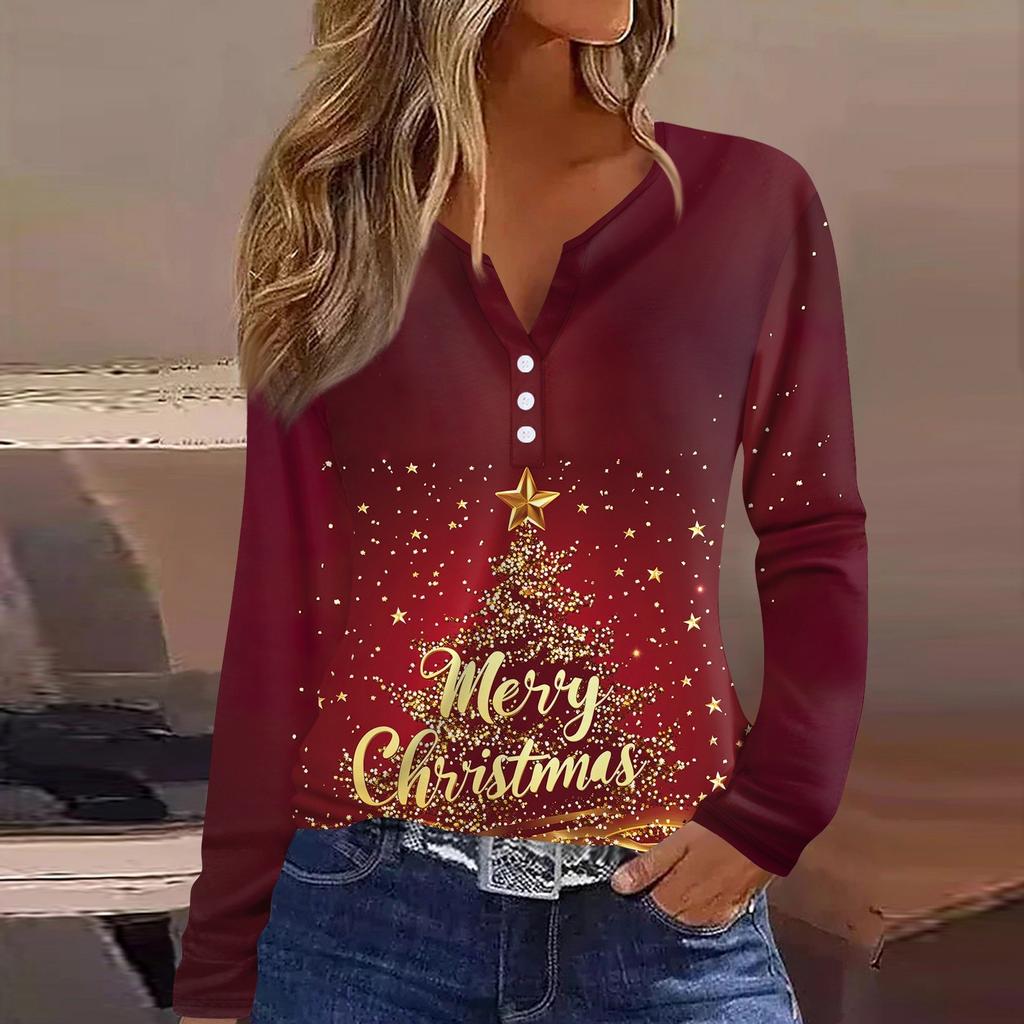 Women's T Shirt Tee Christmas Print Button Long Sleeve Daily Weekend Fashion Basic V- Neck Regular Top