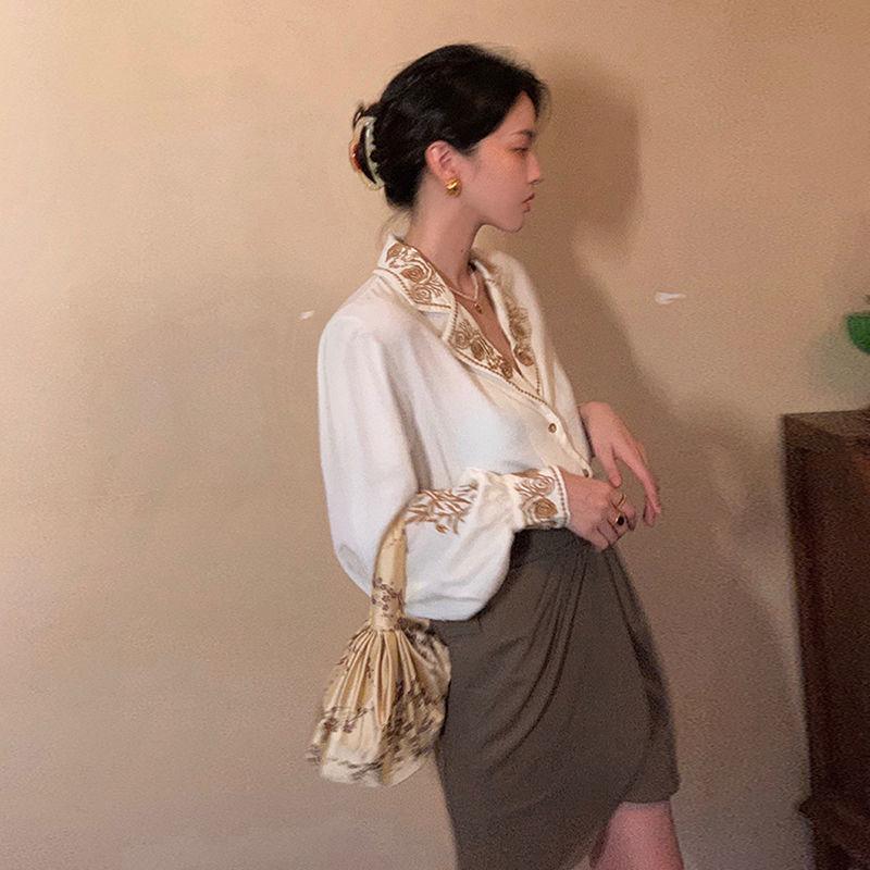 Блузка женская элегантная винтажная рубашка с вышитым цветочным топом с длинным рукавом корейская офисная женская негабаритная роскошная дизайнерская королева