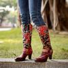 Retro Printed Patchwork Women's Long Boots Handmade Genuine Leather Lace Up Mid-calf Boots