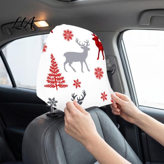 Soft Polyester Seat Cushion 2Pcs Christmas Car Headrest Covers, Elastic Holiday Printed Head Rest Cover, Vehicle Interior Styling Funny Auto