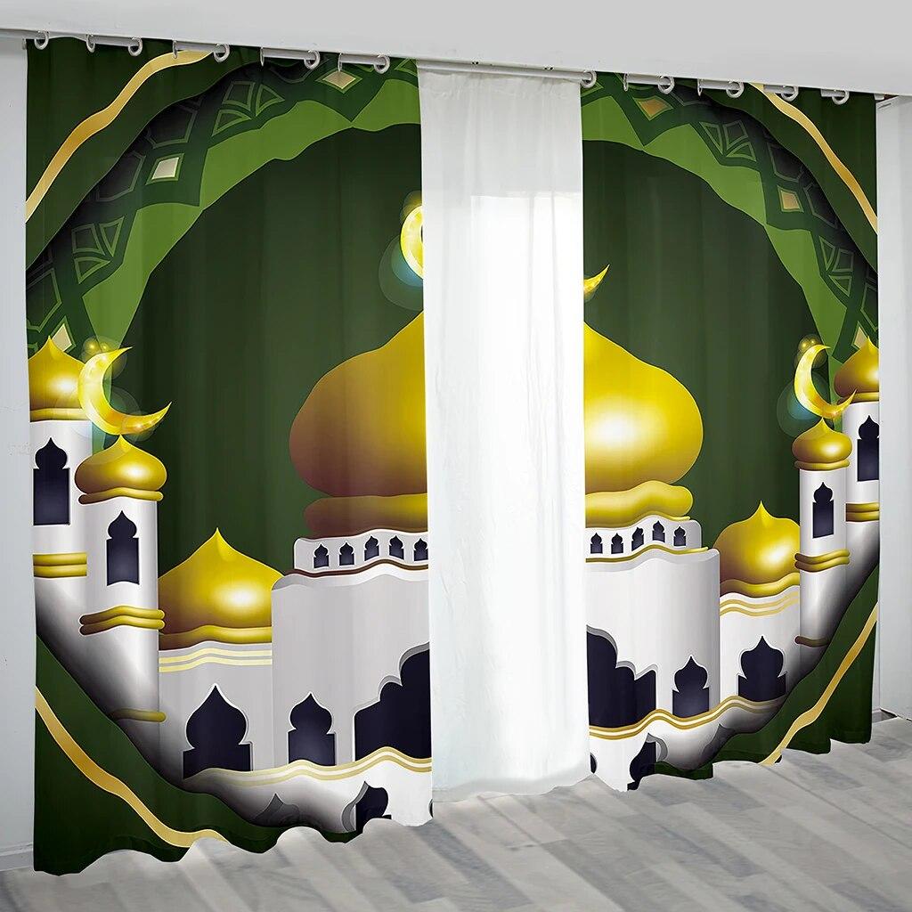 2 шт. занавеска для исламского фестиваля Рамадан, празднующего Мубарака, лунная лампа, городская ночная сцена, занавеска с узором для спальни, окон