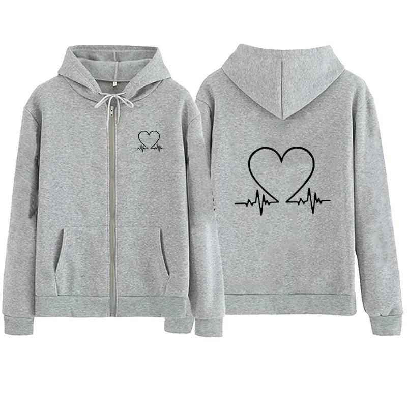 Women Heartbeat Printed Zipper Hoodie Autumn Winter Women Outdoor Sports Fashion Simple Long Sleeve Fleece Sweatshirts