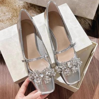 Модные осенние новые туфли на высоком каблуке с квадратной головкой и мелким горлом, со стразами, женские модные туфли на толстом каблуке