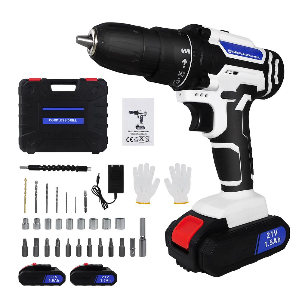 DayPlus 21V Cordless Drill Driver, Electric Drill Screwdriver with 1500mAh Battery, 45NM 2-Speed Combi Drill 25+1 Torque Setting