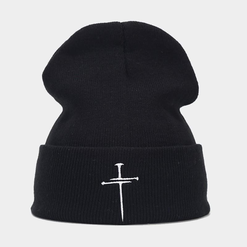 Unisex Vintage Cross Embroidered Knit Beanie Hat Punk Street Style Warm Winter Cap