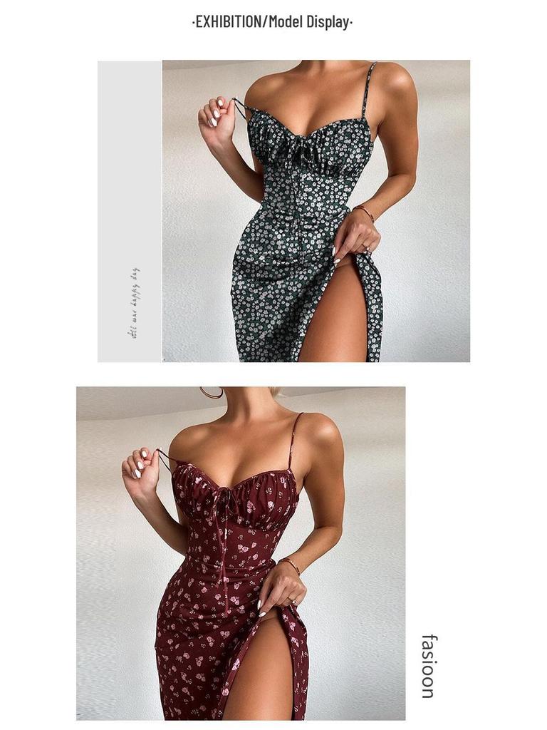 Европейское и американское сексуальное платье-слинг с разрезом на шнуровке с принтом для женщин