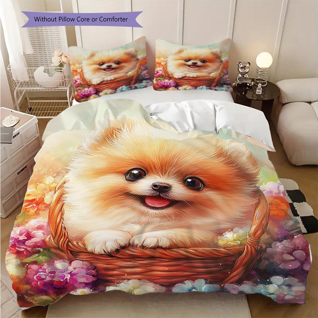 Pomeranian Pattern Bedding Quilt Set Quilt Cover Pillowcase Home Decoration Birthday Gift (1 * duvet cover + 2 * pillowcase, without core)