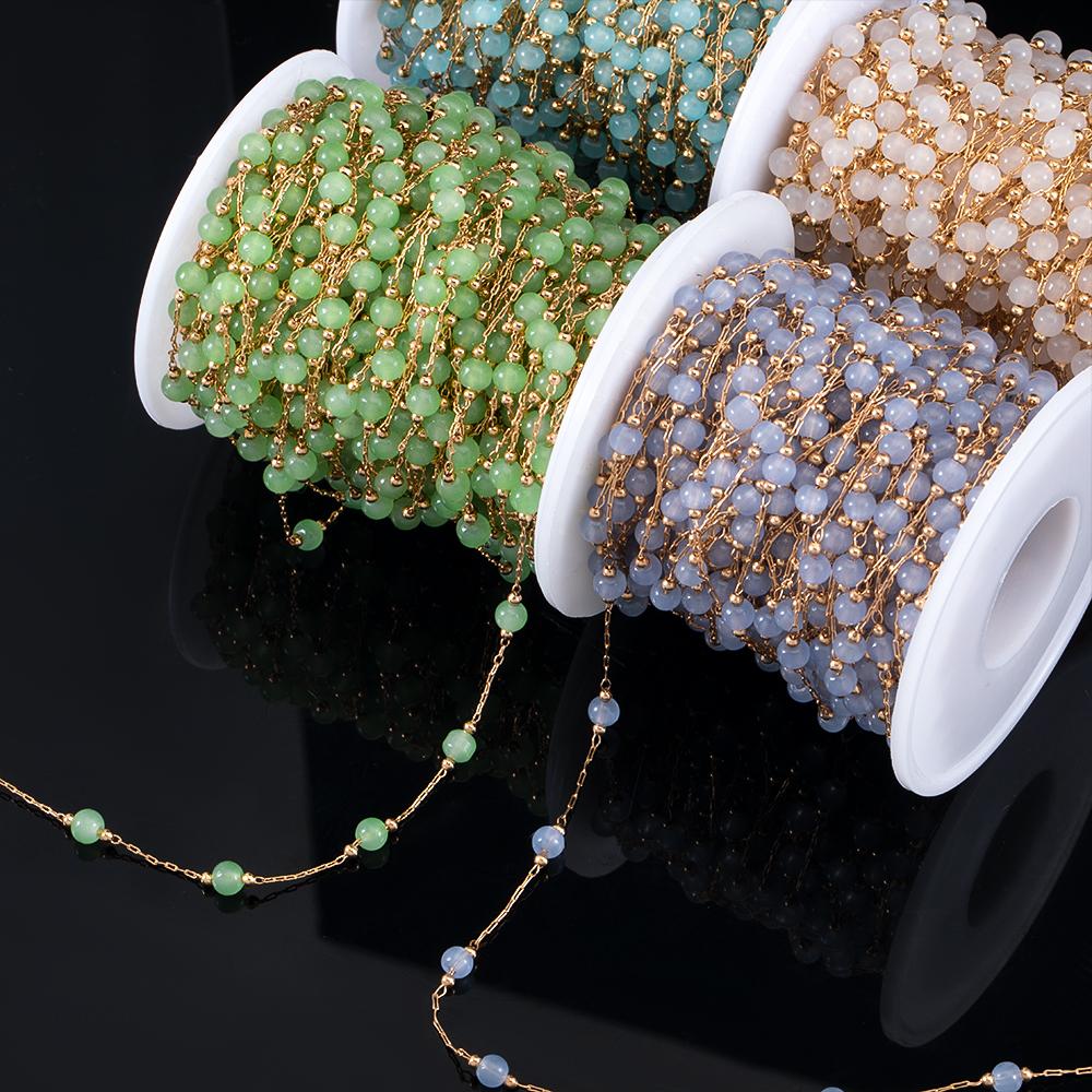 1M Fashion Glass Ball Flat Beads Stainless Steel Beaded Chain Gold Color Chains for DIY Women Necklace Bracelet Jewelry Findings