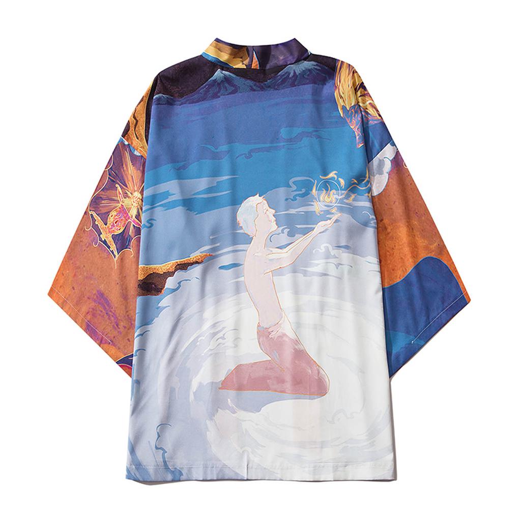 Men's Casual Loose Open Front 3/4 Sleeve Japanese Style Print Cover Up Cardigan