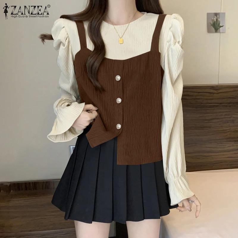 ZANZEA Женская повседневная блузка с длинным рукавом из двух частей в стиле пэчворк