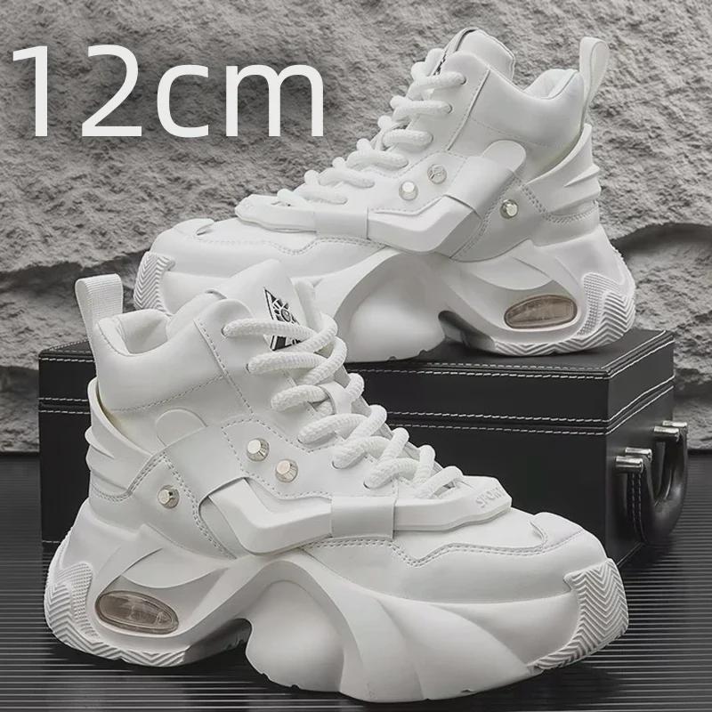 2024 Men's White High-Top Shoes with 12cm Invisible Height Increase, Air Cushion, Thick Sole, Fashionable Dad Sneakers