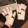 Cute White Knitted Plush Gloves for Women In Winter Thickened and Fleece Warm Cold Proof and Windproof for Cycling