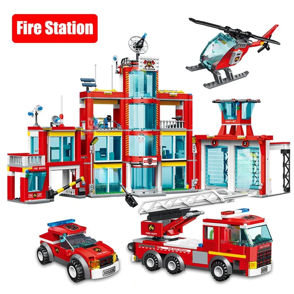 Городская пожарная станция, лестница, грузовик, вертолет, автомобиль, спасательная лодка, пожарный, фигурка, модель самолета, строительные блоки, игрушка для мальчика, подарок