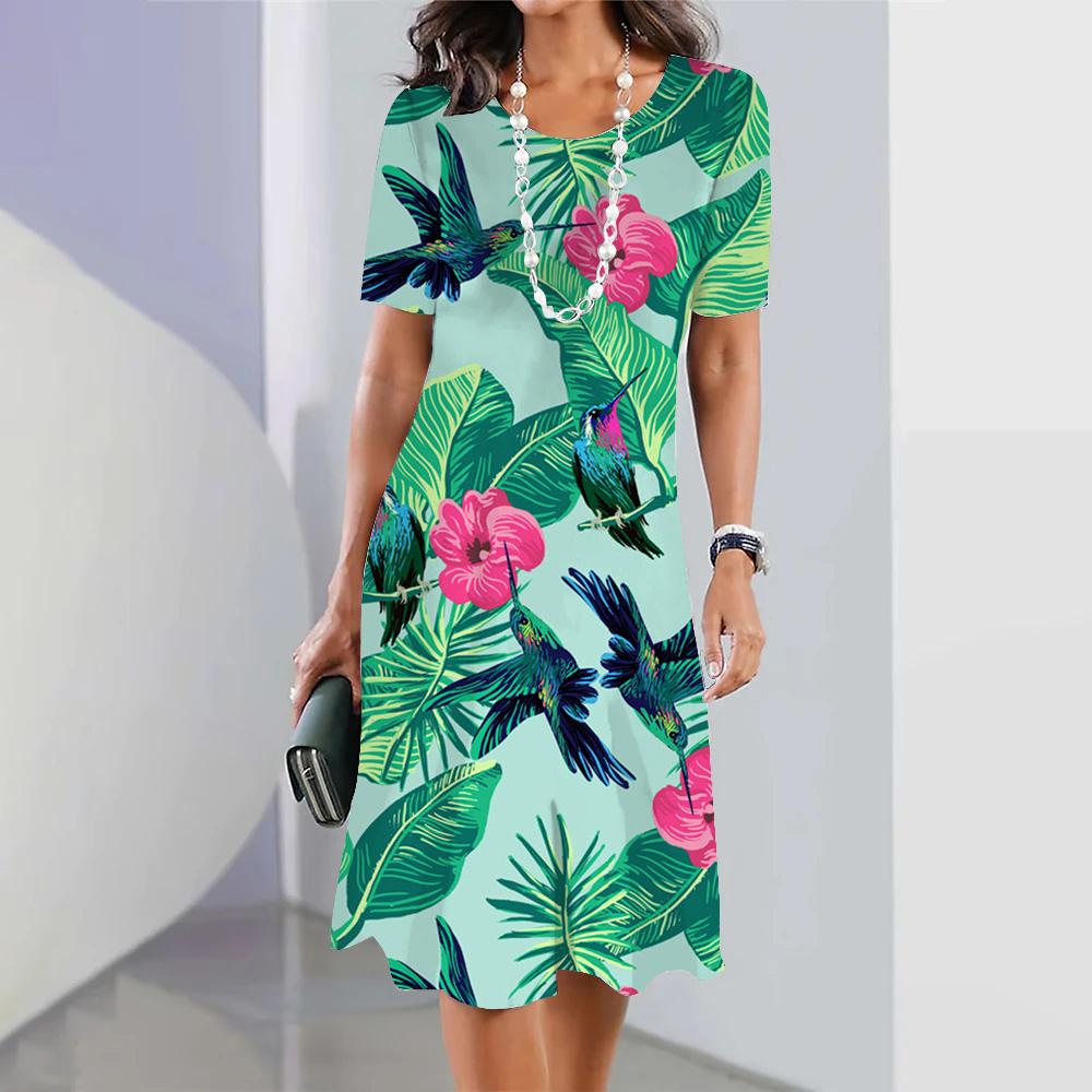 Holiday Leisure Short-sleeved Floral Printed Hawaiian Fashion Loose Swing Skirt Party Women's Sexy Bohemian Dress