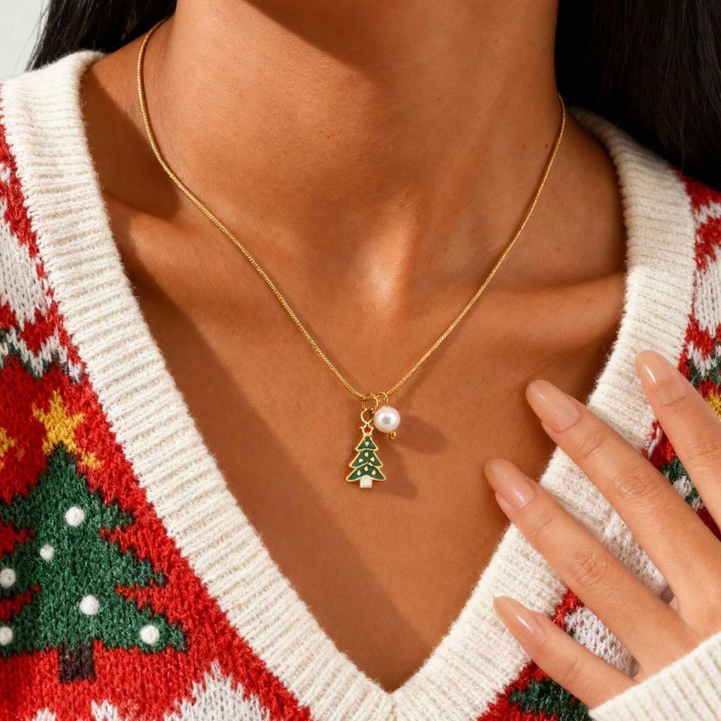 New Christmas Series Jewelry Stainless Steel Christmas Wreath Tree Santa Claus Pendant Round Snake Chain Necklace for Women Girl