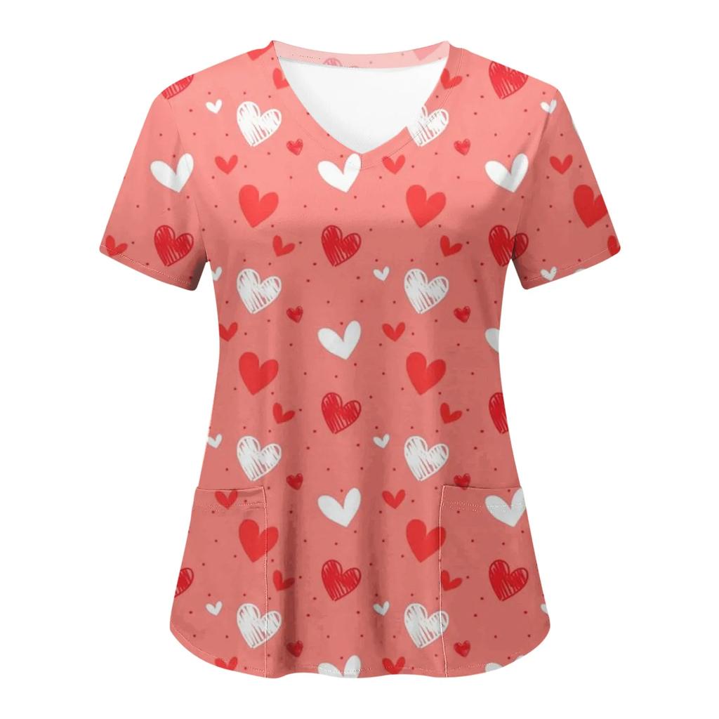 Women Working Uniform Smile Heart Print Cartoon Cat Dog Short Sleeve V-neck Tops Femme Blouse Nurse Work Wear Medical Uniforms