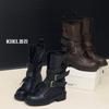 Cowhide Version~ Niche New Platform Knight Boots Leather Buckle Locomotive Boots Retro British Martin Boots Western Boots