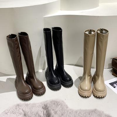 Женские сапоги на плоской платформе, высокие сапоги до колена, модные нескользящие туфли с молнией сзади, осенне-зимние женские длинные сапоги в стиле рыцаря