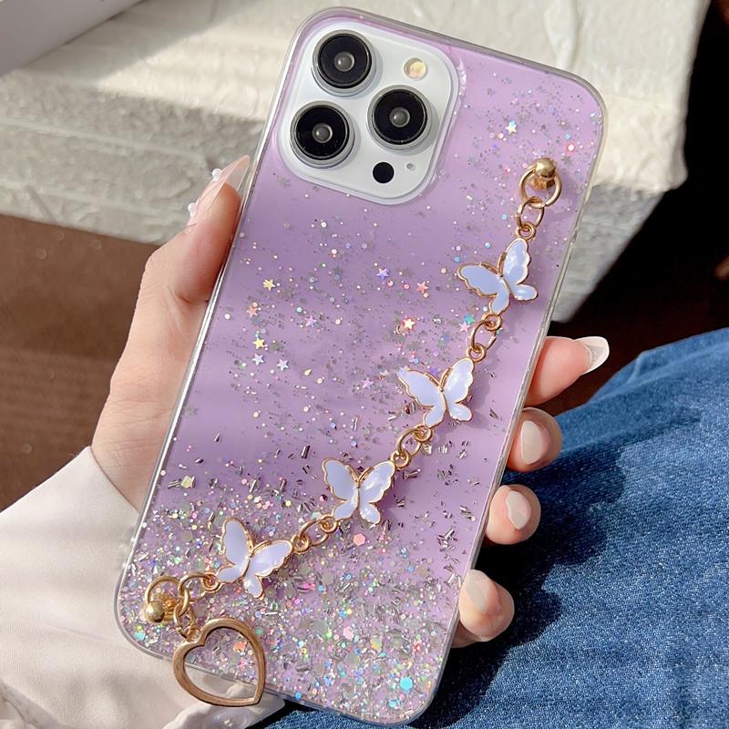 Прозрачный чехол из смолы с блестками для iPhone 17 Pro Max с браслетом, дизайн с прозрачным бантиком