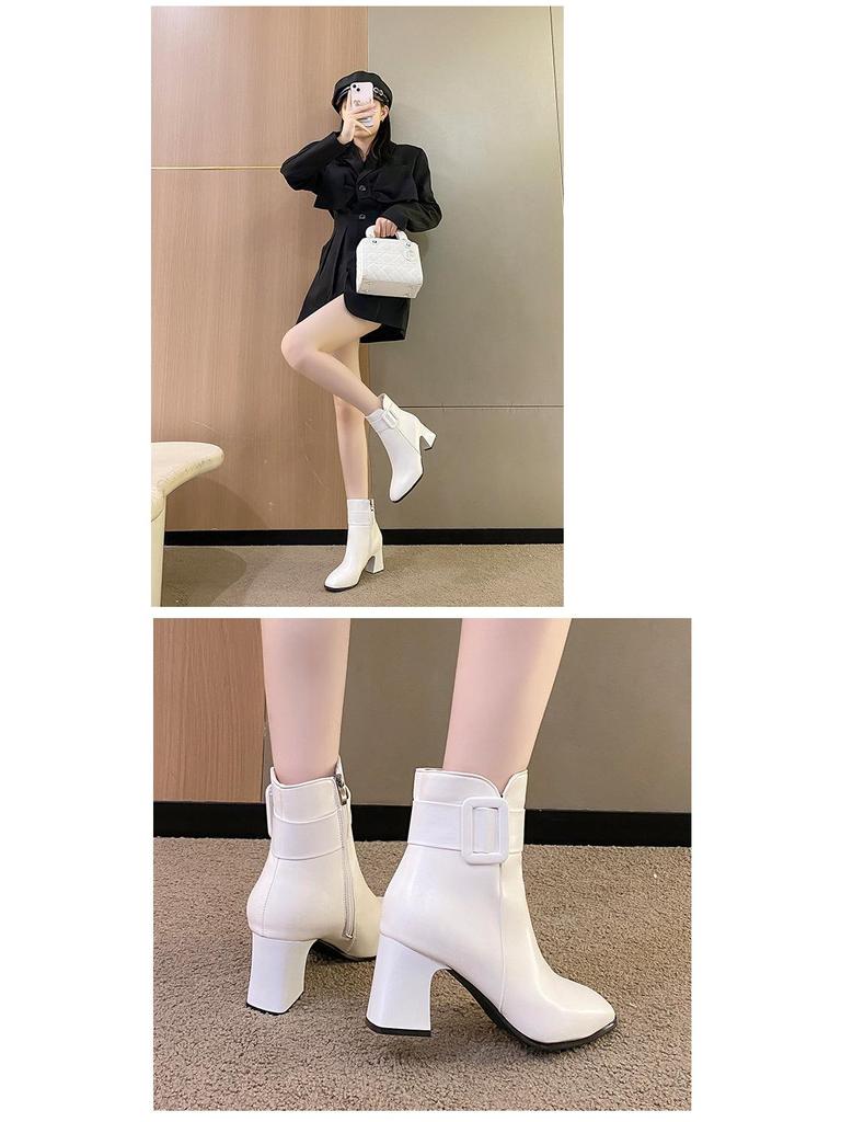 Женские зимние ботильоны из искусственной ПУ кожи на блочном каблуке с боковой молнией, круглым носком и подкладкой из искусственного плюша