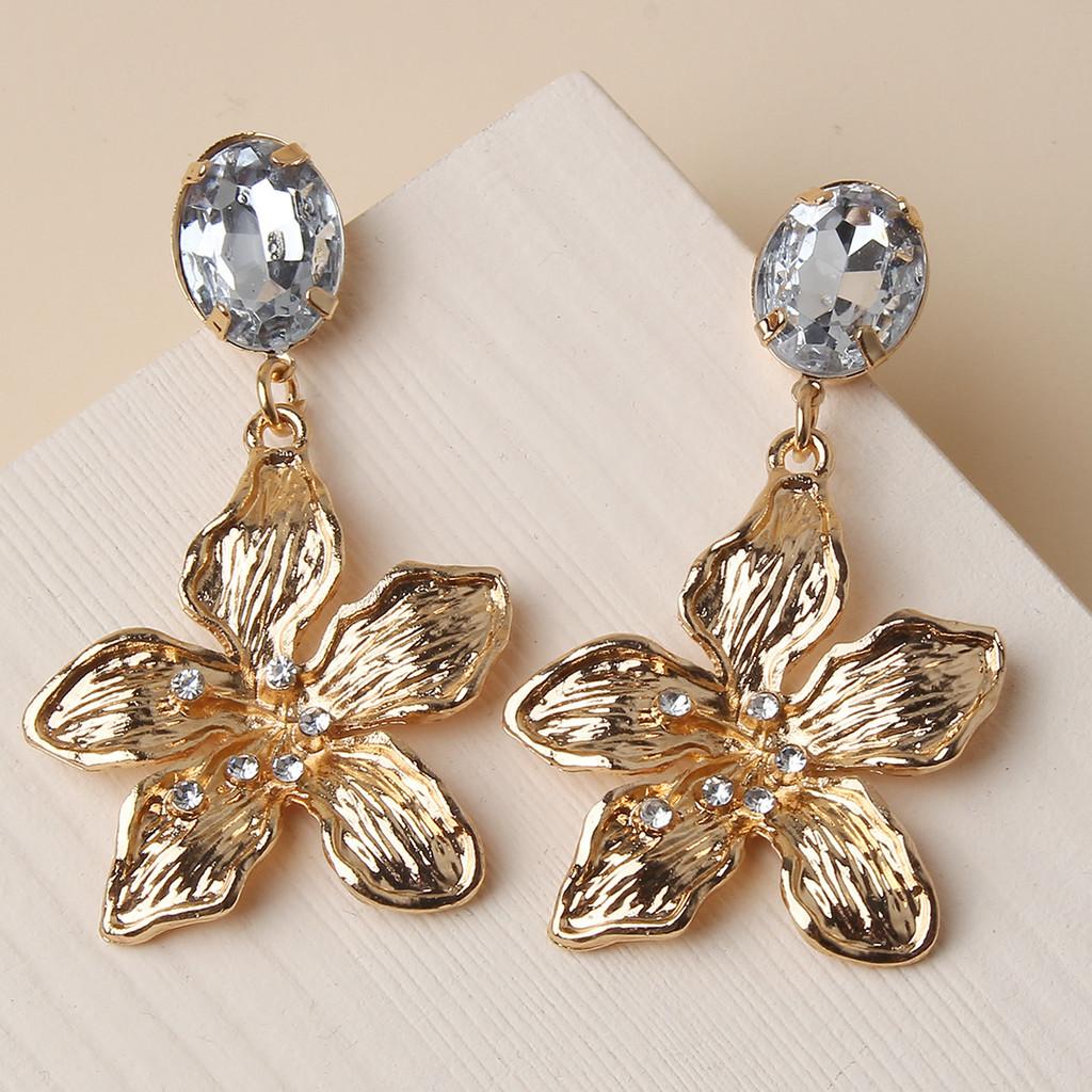 Metallic Flower Gold Earrings With Decorative Stones For Fashion And Celebration