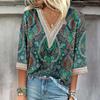 Женская рубашка, блузка, повседневные свободные рубашки, рукава 3/4, кружевные топы с v-образным вырезом и принтом, топы с принтом, футболки, футболки