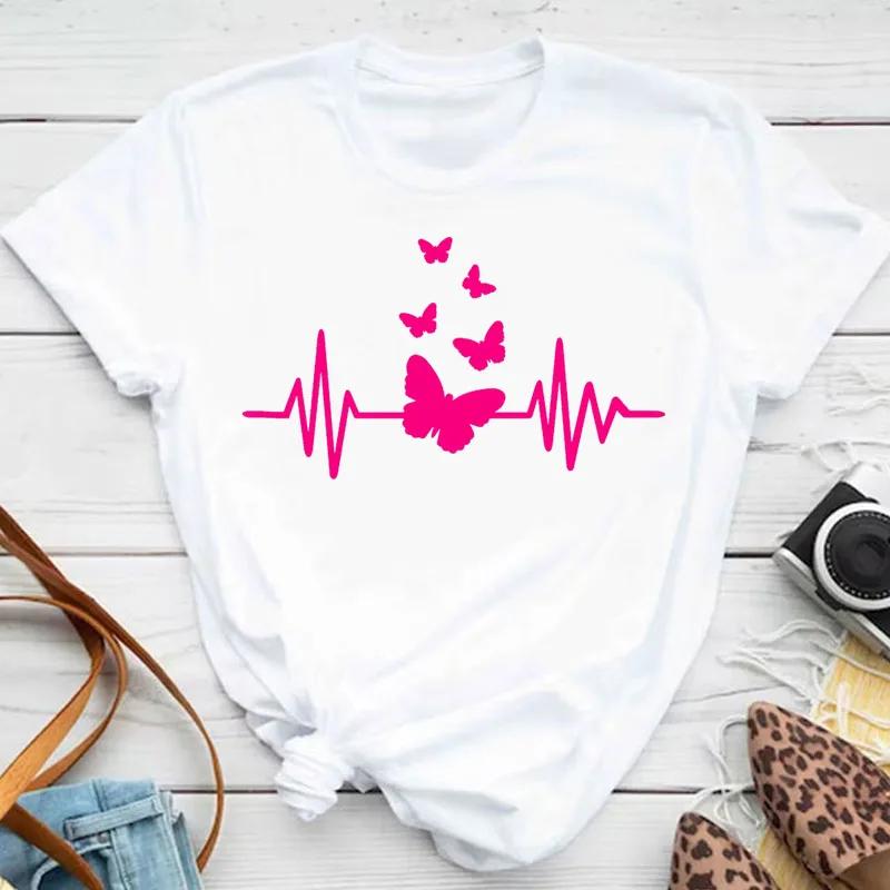 Women's Colorful Butterfly Petal Print T-shirt Short-sleeved Round Neck Cute Graphic Top