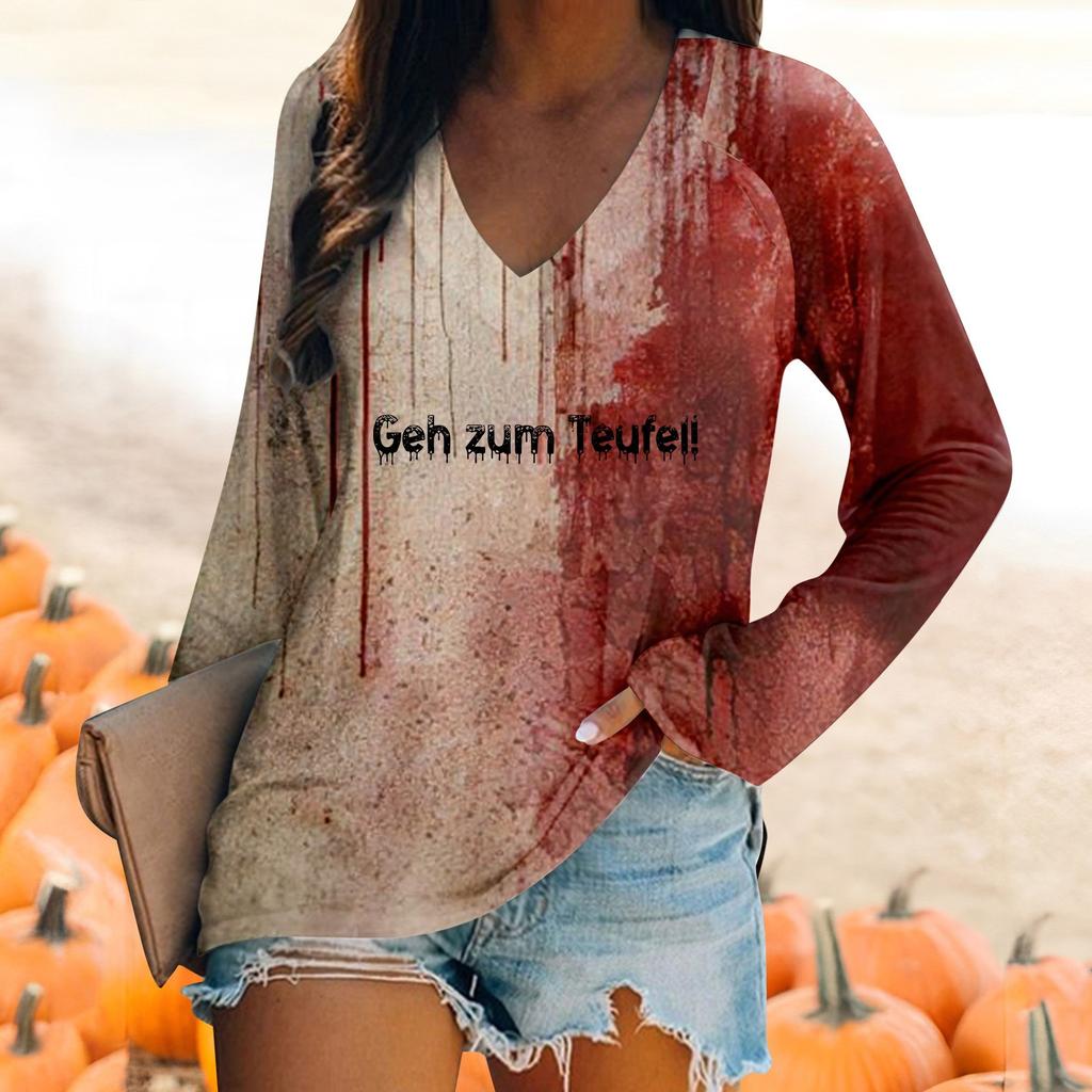 Женская футболка с длинным рукавом и V-образным вырезом, повседневный, удобный топ с принтом на Хэллоуин