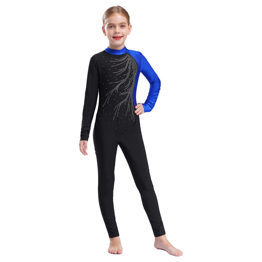 Блестящий комбинезон со стразами для девочек с длинным рукавом и круглым воротником, ажурная спинка, танцевальный наряд в стиле пэчворк