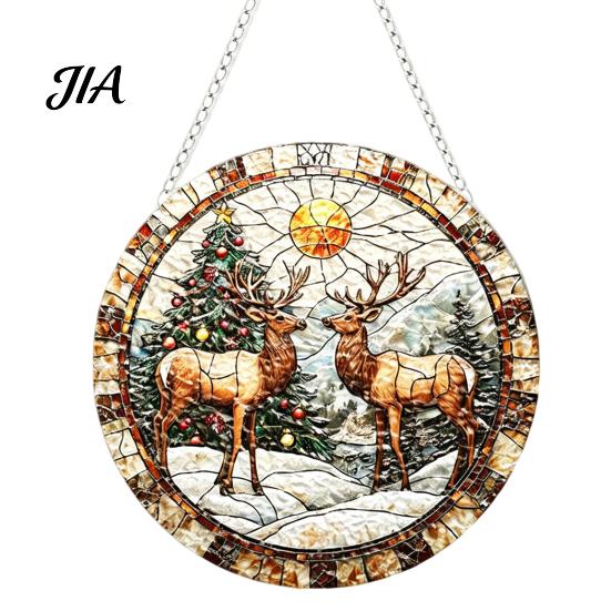 Atmosphere Enhancing Wall Decor Stained Glass Style Acrylic Window Hanging, Tree of Life & Winter Forest Double Sided Printed Ornament Round