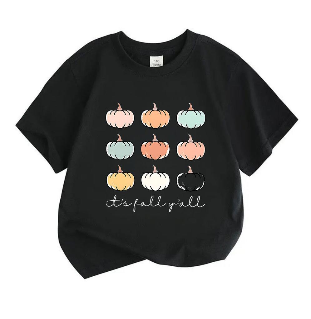 Kids Boys Girls 100% Cotton Crew Neck Short Sleeve T-Shirt, Cute Pastel Pumpkins Printed It's Fall Y'all Casual Tee for Autumn Holiday Daily Wear
