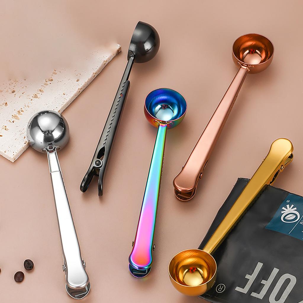 2pcs Stainless Steel Coffee Spoon Clip Household 2in1 Milk Powder Spoon Sealing Clip Golden Measuring Spoon Kitchen Baking Tool