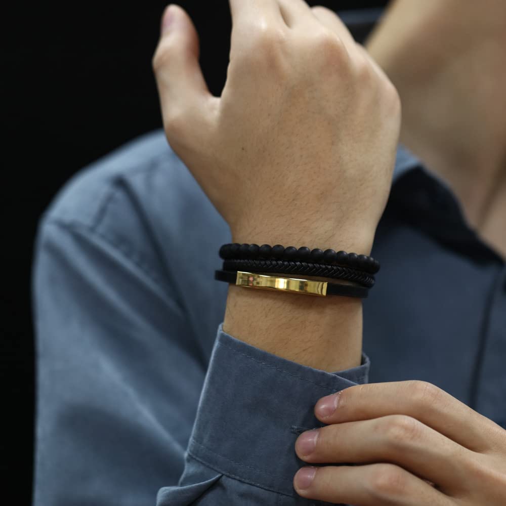Rockyu Мужской браслет из черной кожи с молитвенными бусинами, многослойный браслет, идеально подходит для подарков на годовщину