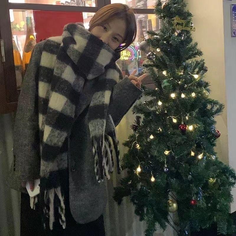 Cashmere Plaid Grid Scarf for Women Autumn Winter Thickened Warm Wrap Windproof Pashmina Scarves