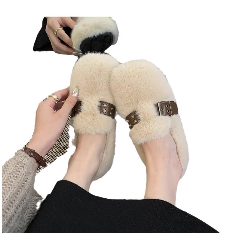 Норковые волосатые туфли женские 2025 новые осенне-зимние сказочные туфли-лодочки на плоской подошве из бархата и хлопка