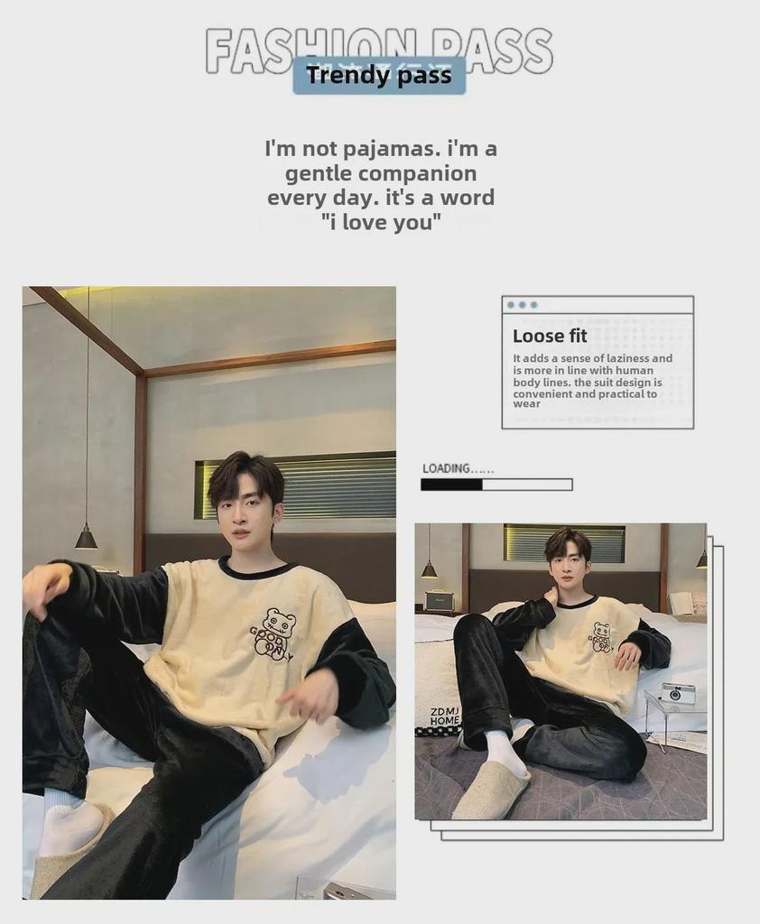 Men's Winter Pajamas Set - Thick Coral Fleece and Velvet Warm Flannel, Large Sizes Available