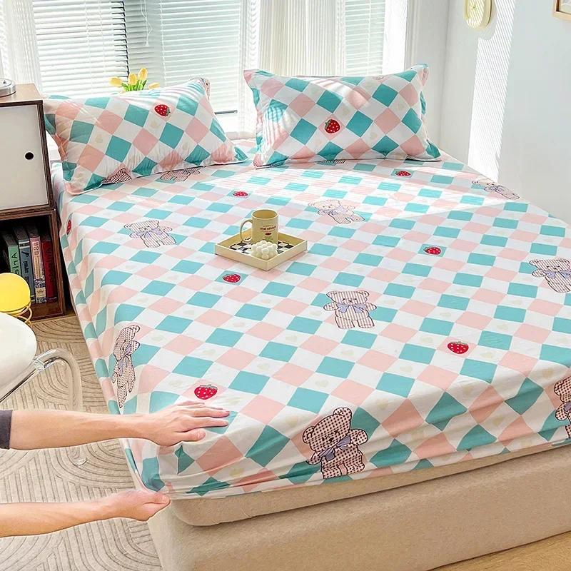 Зеленый клетчатый узор Набор простыней на резинке Любовь Сердце Защитный чехол для матраса 3 предмета Хлопковый постельный комплект Дышащий, приятный для кожи