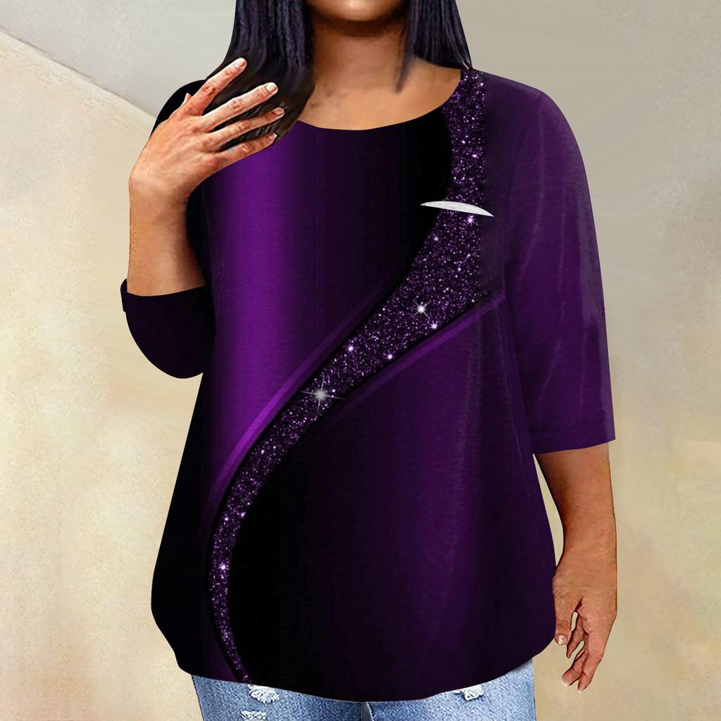 Women's Fashionable Casual Three Quarter Sleeve Printed Round Neck Pullover 4/3 Sleeve Top