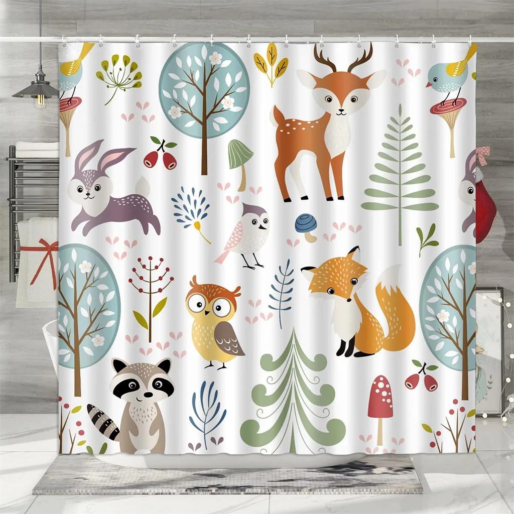 Christmas Shower Curtain, Winter Holiday Farm Snowman Santa Claus Christmas Tree Farmhouse Christmas Balls Bathroom Decoration
