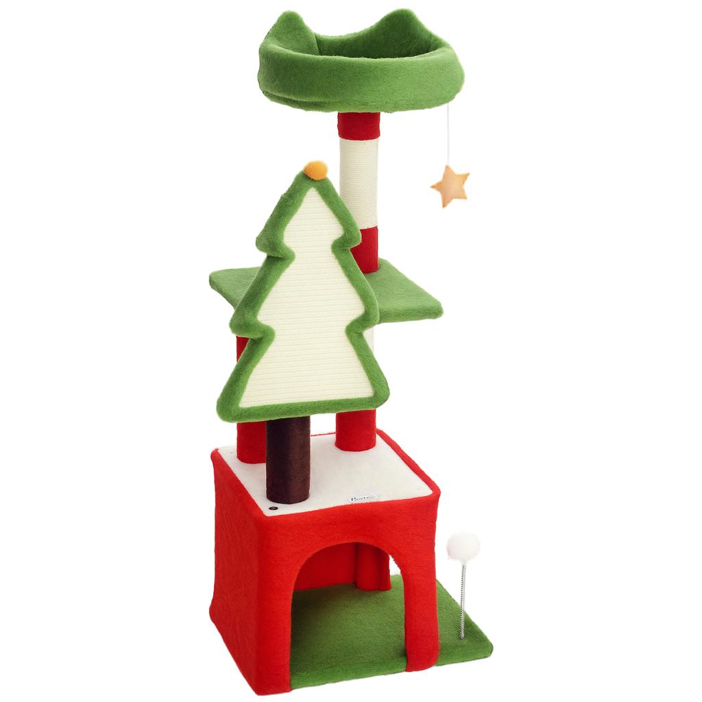 Christmas Cat Tree, 120cm Cat Tower with Scratching Post & Board, Platform, Toys, Green