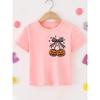 Girls' Cute Panda Climbing Tree Printed T-shirt - Soft Pink Short-sleeve Crew Neck Top, Breathable Knitted Fabric for Spring