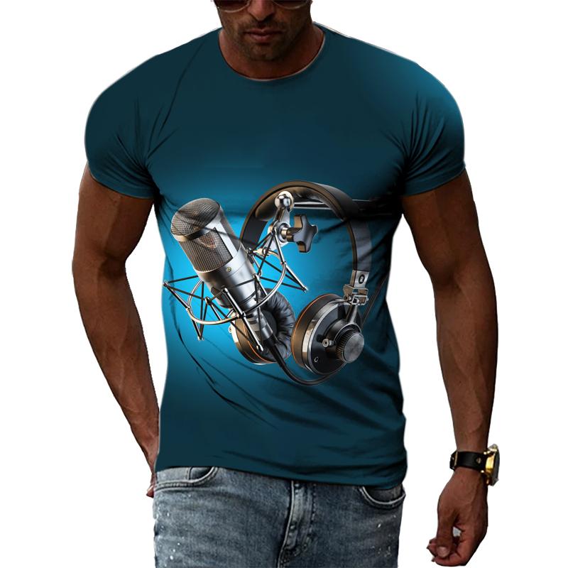 Summer Fashion Music Element Pattern T-shirt Hip-Hop Trend Microphone  Printing Tops Casual Novelty Men's Short Sleeved Clothing