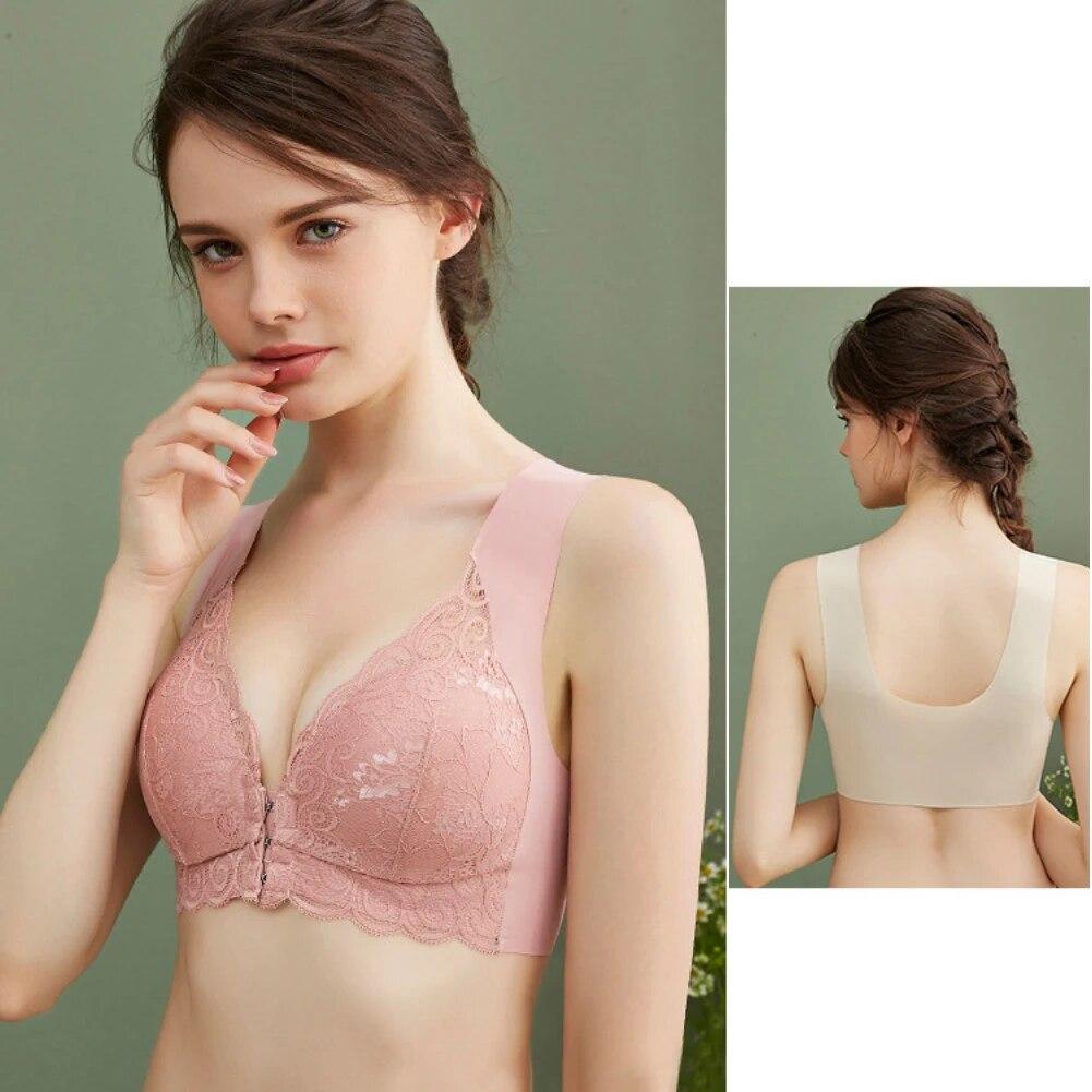 Женский кружевной бюстгальтер без косточек с подкладкой, беспроводной бюстгальтер, кружевной бюстгальтер с цветочным принтом, застежка спереди, гладкий демисезонный бюстгальтер, кружевные бюстгальтеры, тонкий мягкий бюстгальтер пуш-ап