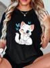 Women Summer Print T Shirt Short Sleeve Round Neck Cute Cartoon Kitten Butterfly Graphic Tees for Casual Daily Wear Personality