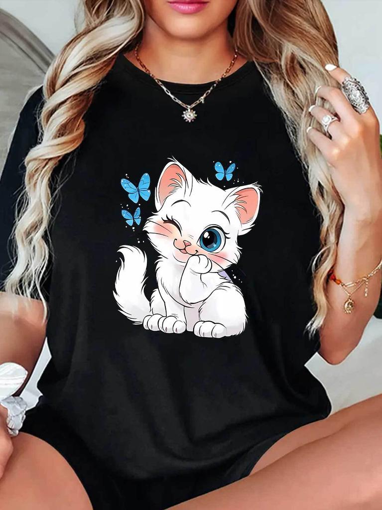 Women Summer Print T Shirt Short Sleeve Round Neck Cute Cartoon Kitten Butterfly Graphic Tees for Casual Daily Wear Personality