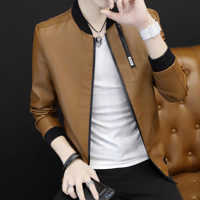 Мужская кожаная куртка мужская весна и осень корейская версия Slim Fit Trend красивая бейсболка воротник локомотив куртка из искусственной кожи мужская