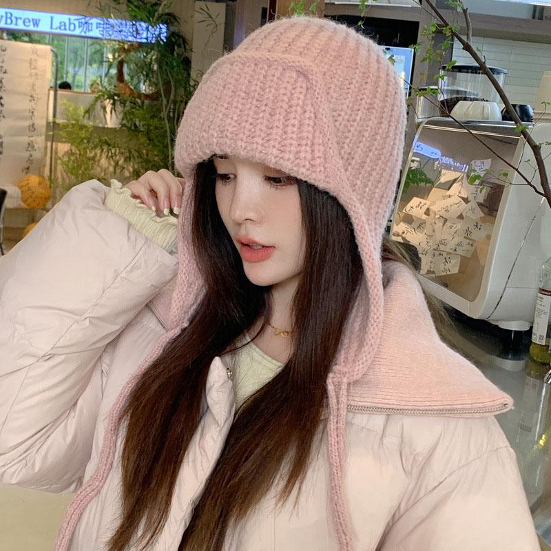 Японская вязаная шапка для защиты ушей, зимняя теплая, морозостойкая, летная шапка, однотонная шерстяная вязаная шапочка, корейская женская шапочка
