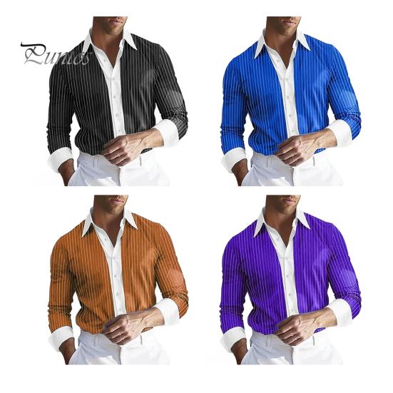 Мужская рубашка с длинным рукавом, лацканами, дизайном, рубашка с пуговицами, планкой, полосатым принтом, цветная рабочая рубашка в стиле пэчворк