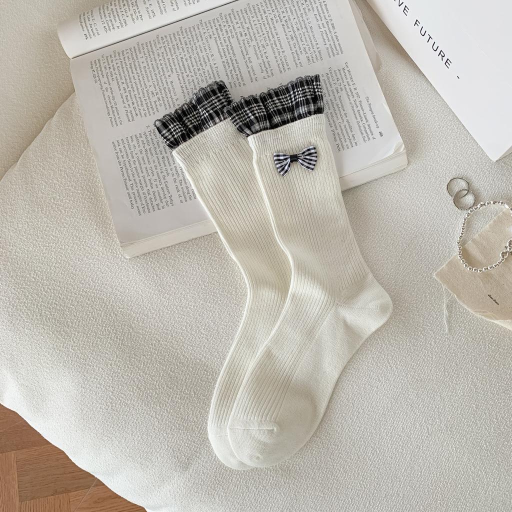Autumn And Winter Plaid Lace Women'S Socks Vintage Literary Pile Socks Japanese College Style Bow Bow Socks Miu